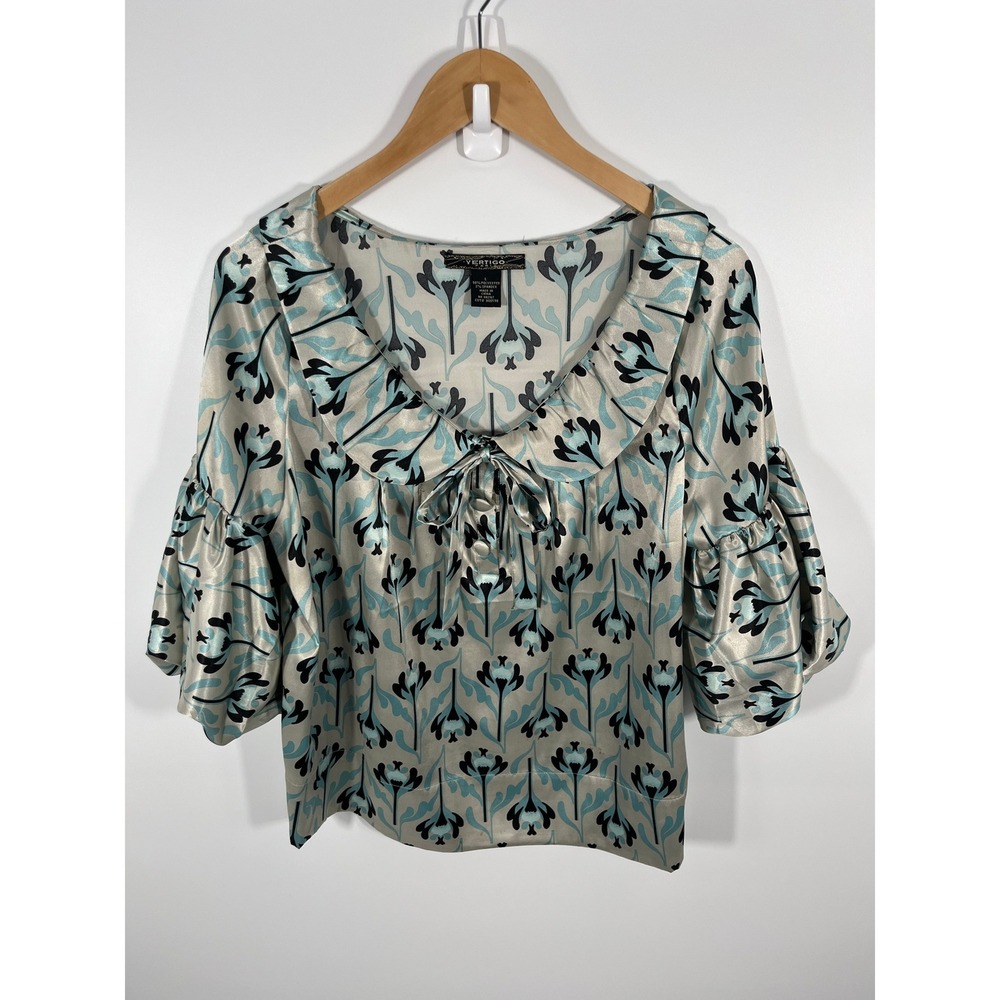 Vintage Artsy Maximalist Eclectic Statement‎ Womens Top L Blue Floral Print Bow